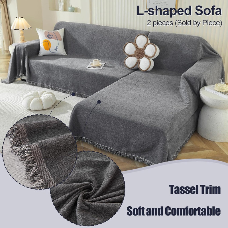 Chenille Box Cushion Sofa Slipcover, Grey, 180cm H x 260cm W