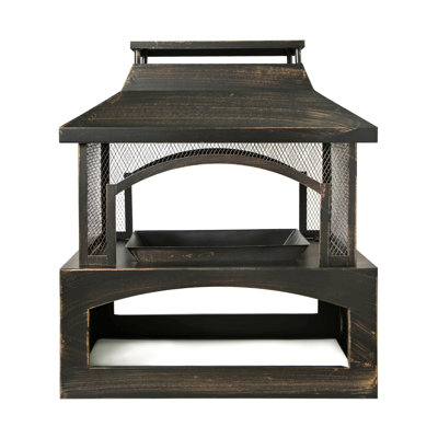 37-Inch Rectangular Metal Outdoor Wood Burning Fireplace - Outdoor Fireplace With Built-In Log Storage And Poker-Brushed Bronze