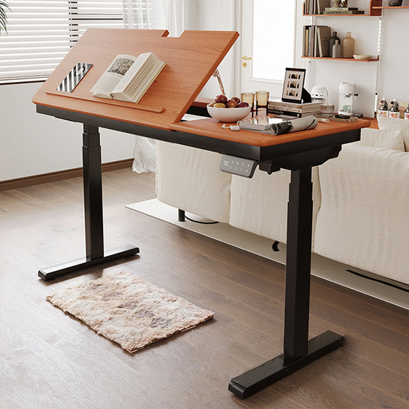 Bureau rectangulaire brun et noir en bois massif et acier