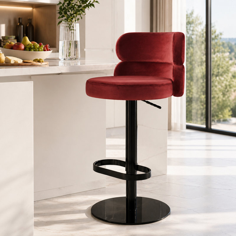Tabouret de bar pivotant à hauteur réglable avec dossier incurvé et repose-pieds, Red Seat/Black Frame