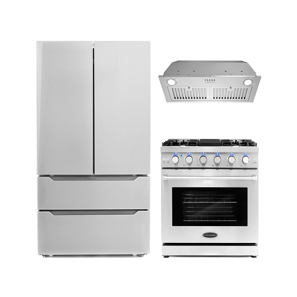 Cosmo 3 Piece Kitchen Appliance Package with French Door Refrigerator , 30'' Gas Freestanding Range , and Insert Range Hood Cosmo
