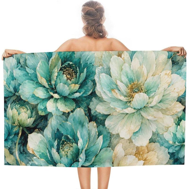 Serviette de plage florale bleu sarcelle pivoine, serviette légère en microfibre à séchage rapide sans sable pour piscine, plage, douche, source chaude, yoga, voyage, 32 x 63 po