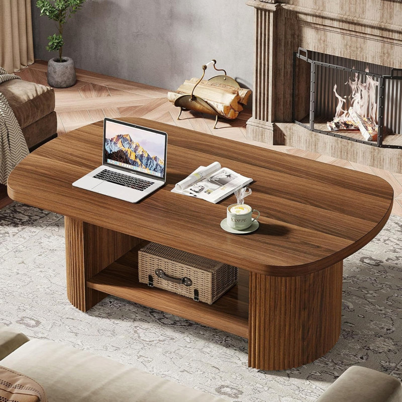Table basse rustique brune avec tablette de rangement