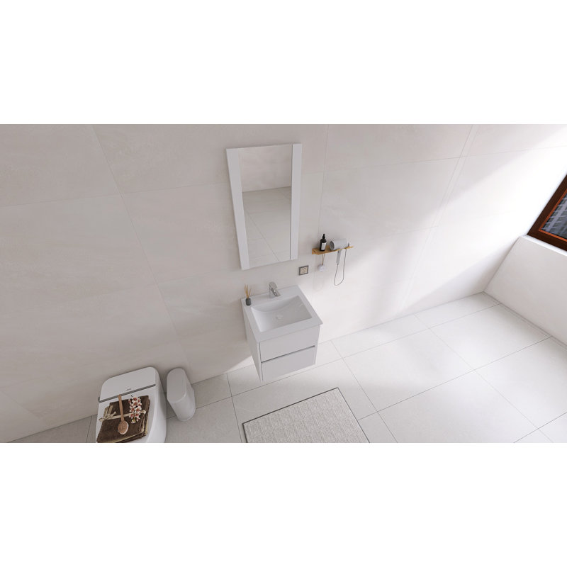 Ensemble de meuble-lavabo mural 20 po avec plateau en céramique et miroir | Deux tiroirs à fermeture en douceur et finition imperméable à 5 couches