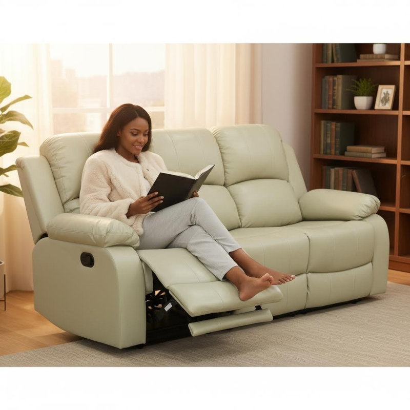 Canapé inclinable 3 places en cuir recyclé beige avec console rabattable et porte-gobelets | Canapé de salon multifonctionnel, structure en bois massif, revêtement en cuir respirant, dossier ergonomique réglable pour la détente à la maison