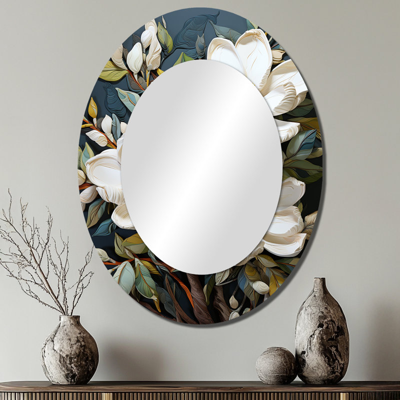 Miroir mural ovale blanc et jaune Magnolias, 40 po x 30 po