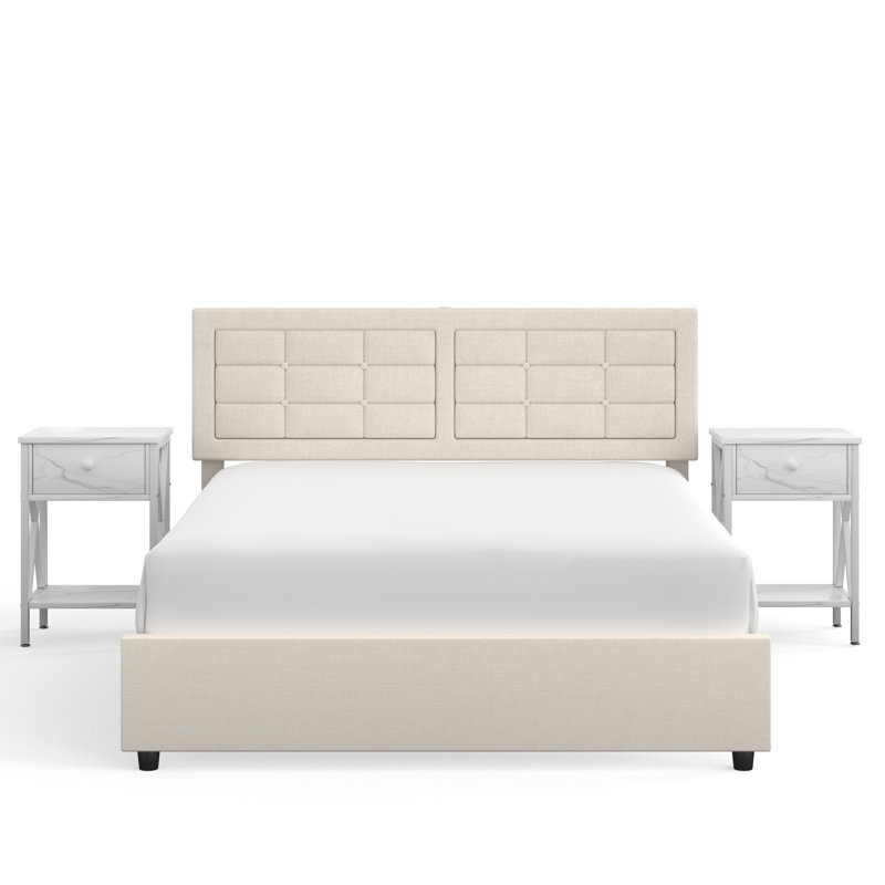 Mellark 3 Piece Bedroom Set Upholstered Bed Frame with with Charging Station and 2 Nightstands, Full, White