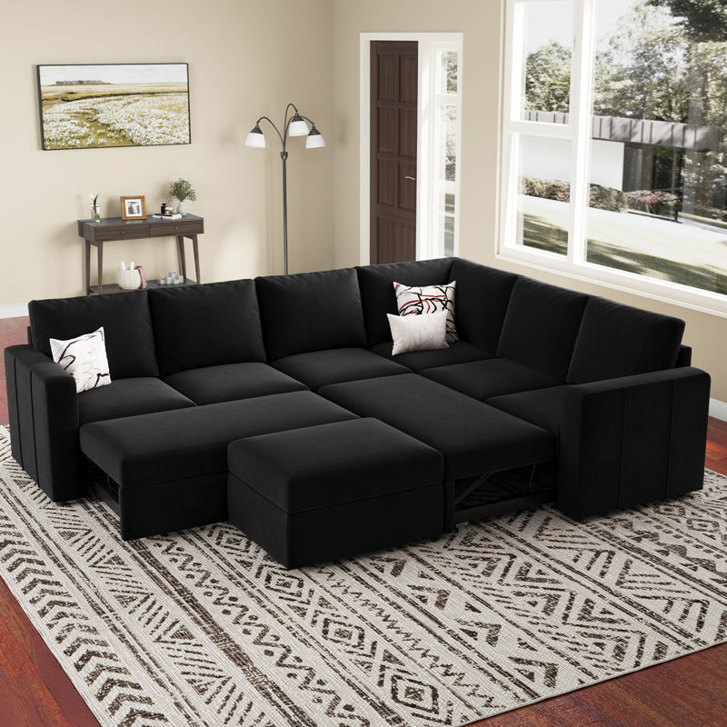 Grand canapé-lit modulaire avec repose-pieds Seybert, Velours noir