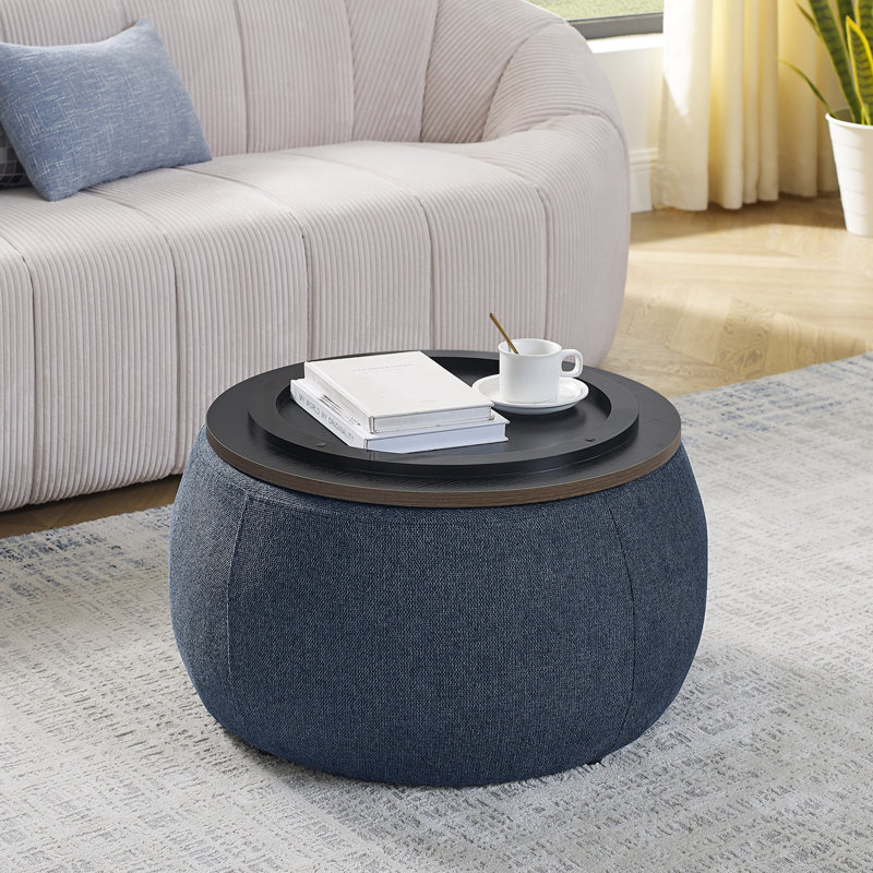 Mylo Upholstered Drum Coffee Table with Storage and Wood Top, Navy, Brown Wood
