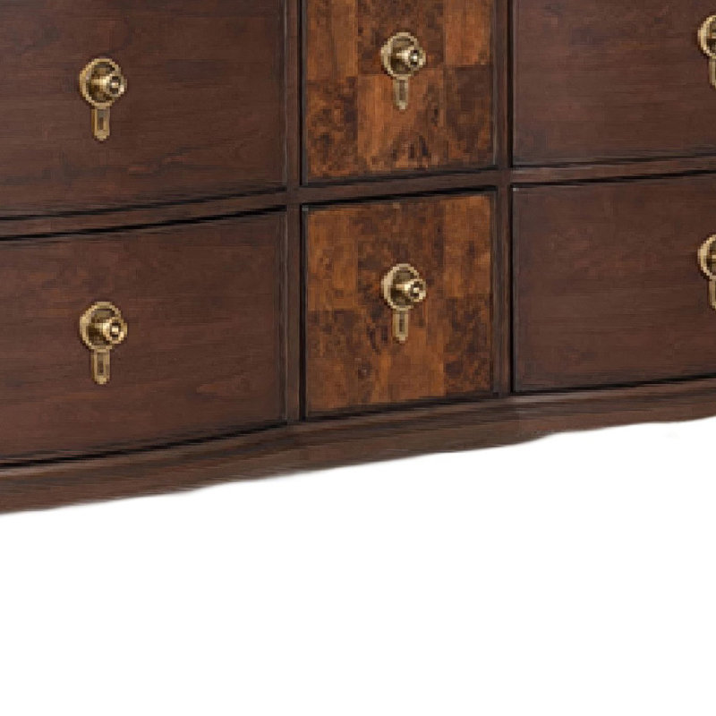 Commode Raam, 9 tiroirs, pieds dorés, brun cerise foncé
