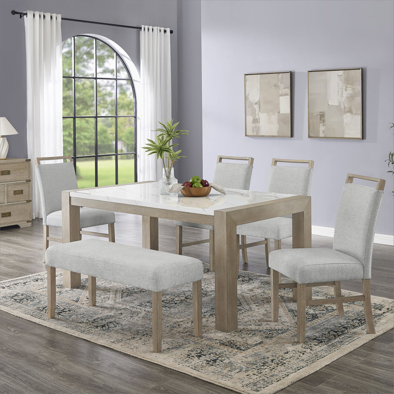 Tabitha 6Pc 66"W Rectangular White Faux Marble Top Dining Set in Light Oak Finish with Bench