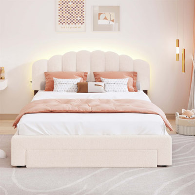 Teddy Fleece Upholstered Platform Bed With Drawer, LED Lights, And USB Ports For Modern Comfort And Convenience
