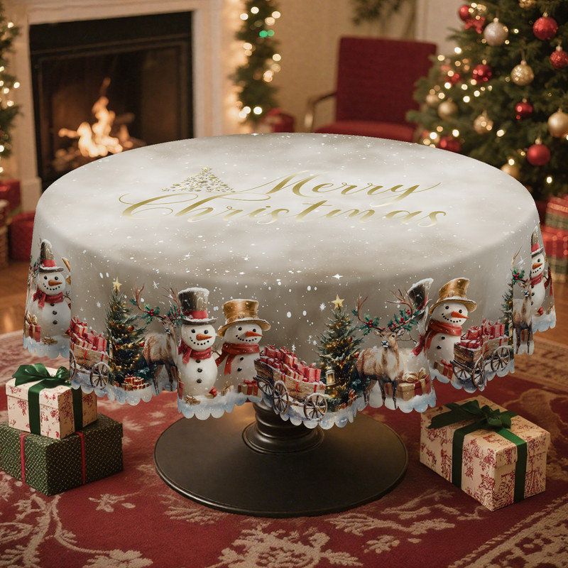 Grayish-White Washable Christmas Snowman Pattern Polyester Tablecloth