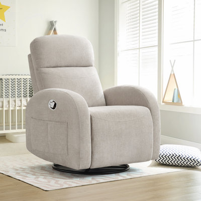 Delba 37"Modern Upholstered Nursery Swivel Rocker Recliner,Manual Swivel Glider Recliner with Rounded Armrest and Double Pockets