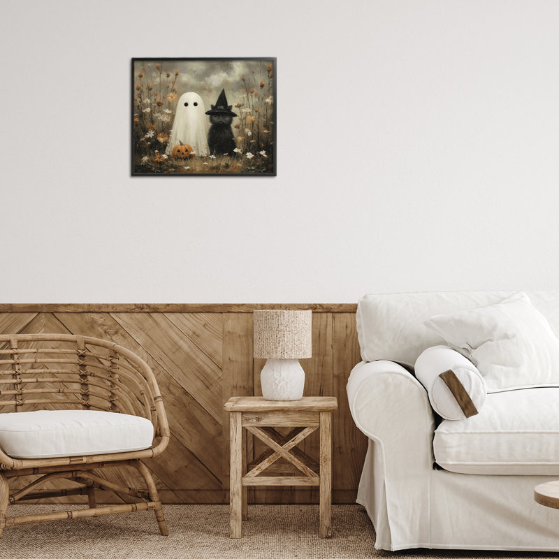 Estampe numérique fantôme et chat noir, design par Arlington Prints, H 11 po x l 14 po, Giclée encadrée noir minuit