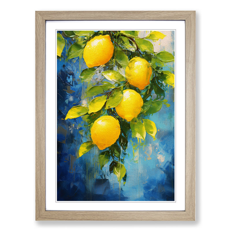 XYZ-FRM-V1223-4147 Lemon Fruit Impressionism No.3 - Single Picture Frame Print on Wood, Oak, 34cm H x 25cm W x 2cm D
