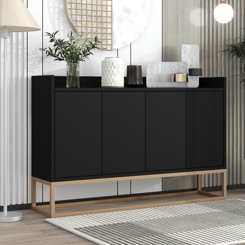 Armoire décorative, armoire de rangement, armoire buffet, armoire 4 portes, Noir et or