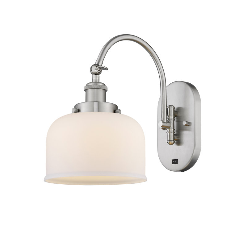 Applique murale articulée en métal 1 lumière avec abat-jour cloche en verre Shauna, Blanc mat, DEL, Nickel satiné brossé