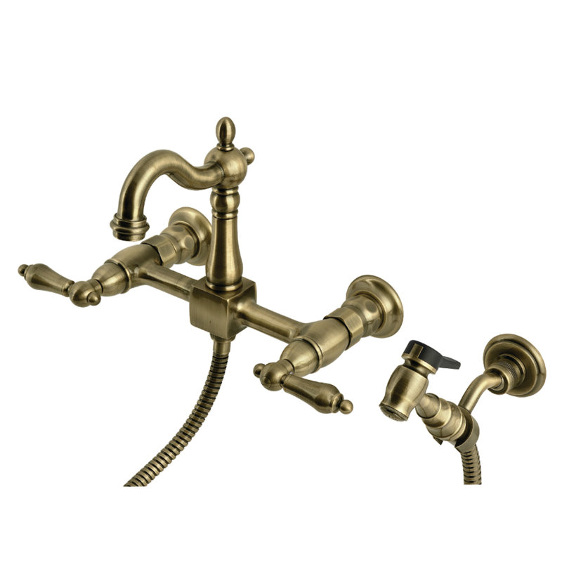 Kingston Brass Heritage Double-Handle 3-Hole Wall-Mount Bridge Kitchen Faucet with Brass Sprayer, Antique Brass
