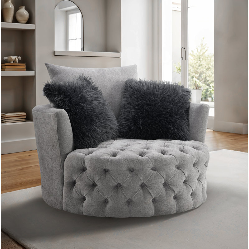 Oversized Round Button Tufted Swivel Chair With Faux Fur Pillows And 360-Degree Swivel, Light Gray