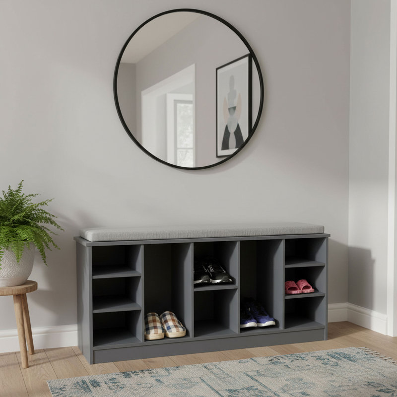  Banc de rangement en bois multi-usages avec coussins, compartiments ouverts et rangement polyvalent pour chaussures, chaussures, espadrilles et accessoires