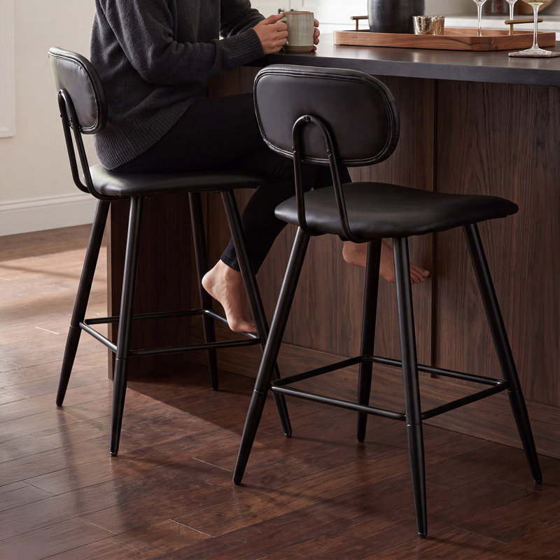 26.75" Leather Counter & Bar Stool with Large Seat and Back, Black