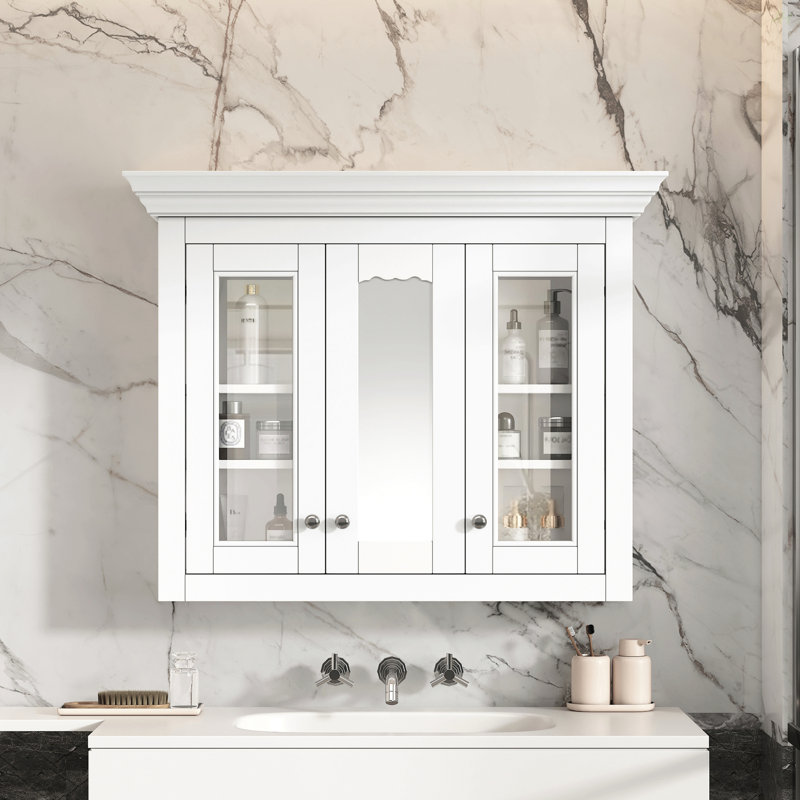 Armoire à pharmacie de 35 po avec miroir, 5 tablettes fermées et réglables, armoire de rangement murale avec portes en verre