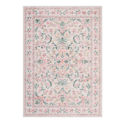 Area Rug 5x7 for Living Room, Washable Non Slip Low Pile Rugs, Floral Soft Carpet for Living Room, Bedroom, Dining Room, Pink