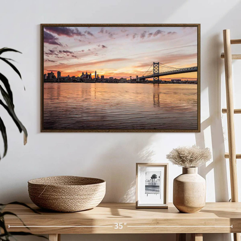 Pont Ben Franklin à couper le souffle, 25 po x 17 po, Cadre flottant noyer