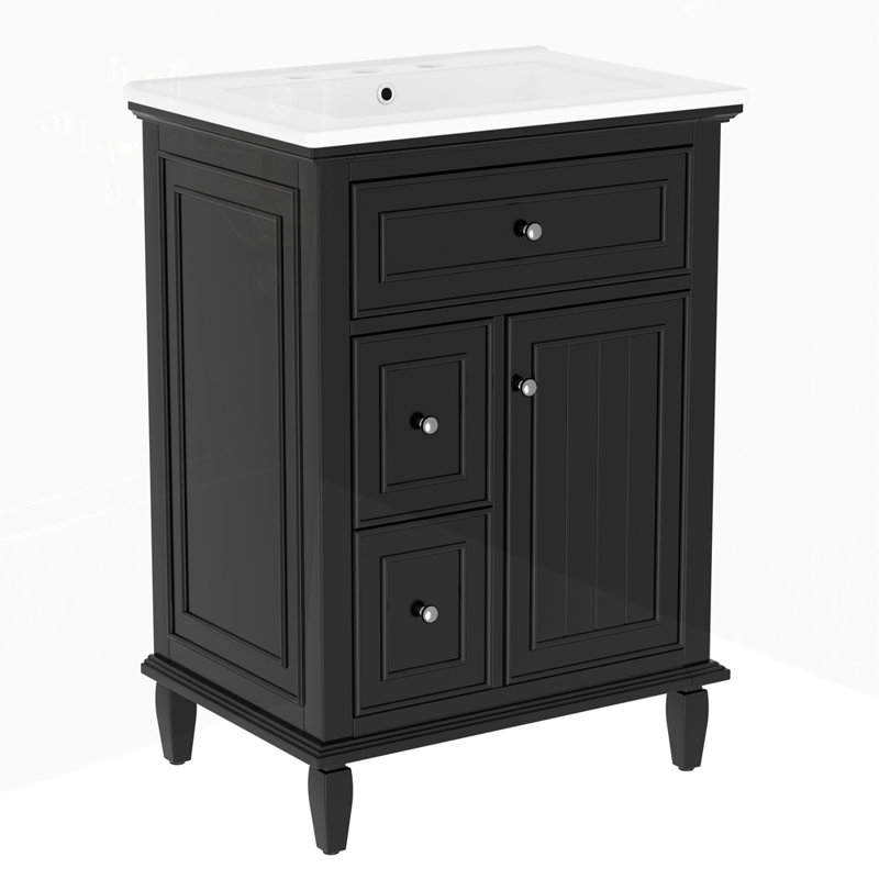 Meuble-lavabo avec lavabo et un tiroir rabattable et deux tiroirs, Noir, noir, noir, noir