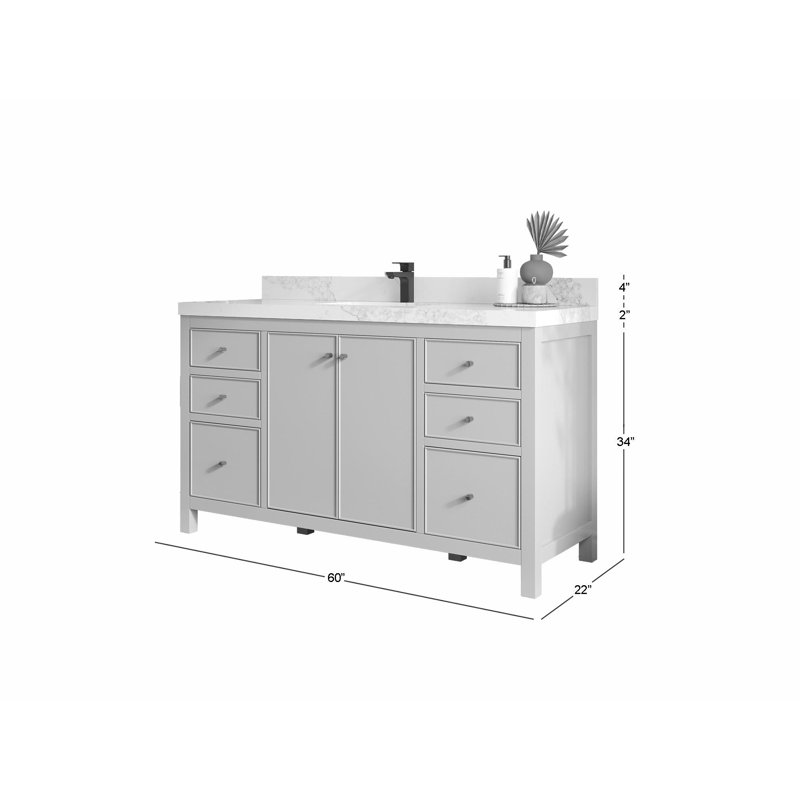 Meuble-lavabo simple 60 po avec plateau Chicago, Quartz de Carrare