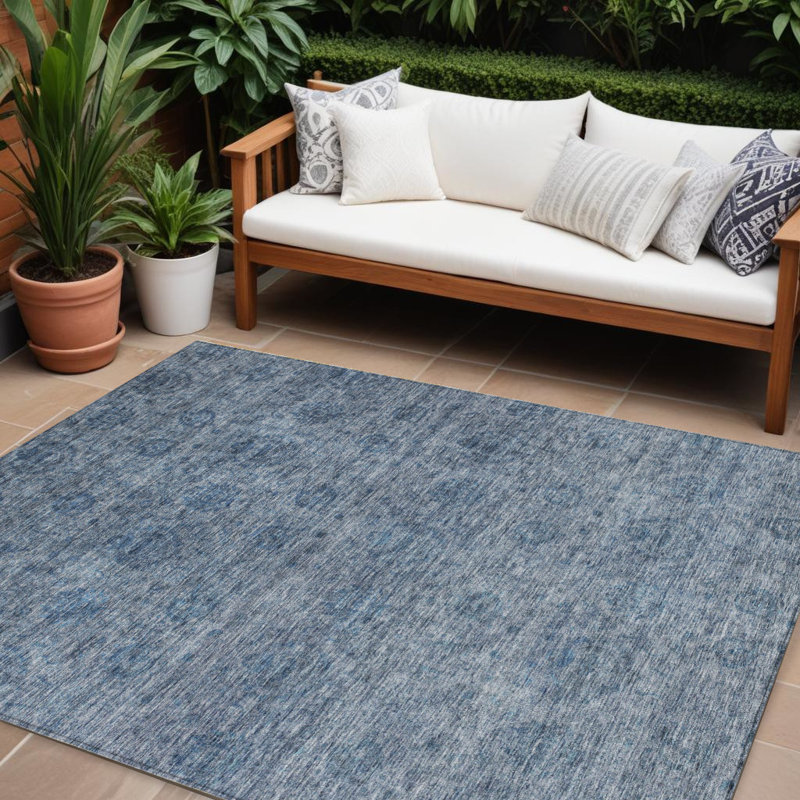 Tapis d'intérieur lavable extérieur floral bleu et ivoire 10 pi x 14 pi
