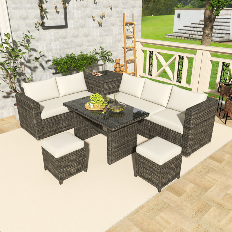 6-Piece Rattan Patio Conversation Set With Grey Cushion, Beige