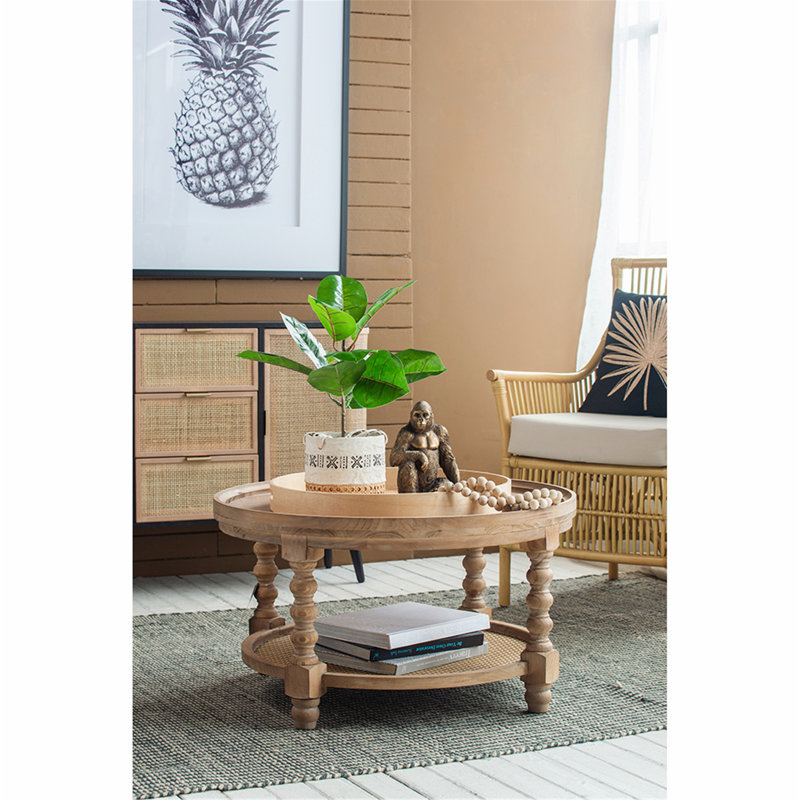 Stylish and Functional Wooden End Table with Open Cane Shelf for Versatile Use in Living Room or Bedroom