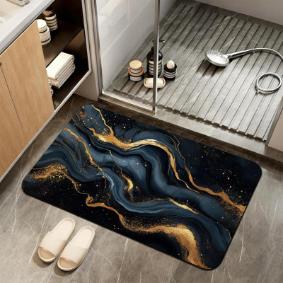 Bath Mat, Abstract Marbled Bathroom Rugs,Quick-Drying Non-Slip Rubber Bath Mats Gold Black Absorbent Diatomaceous Earth Mat for Bathroom Home Decor 17"x29.5"