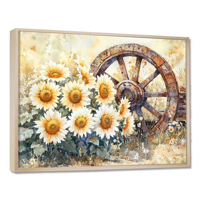 Doten tournesols par roue de chariot, H 24 po x l 32 po, Impression encadrée flottante, Crème, crème