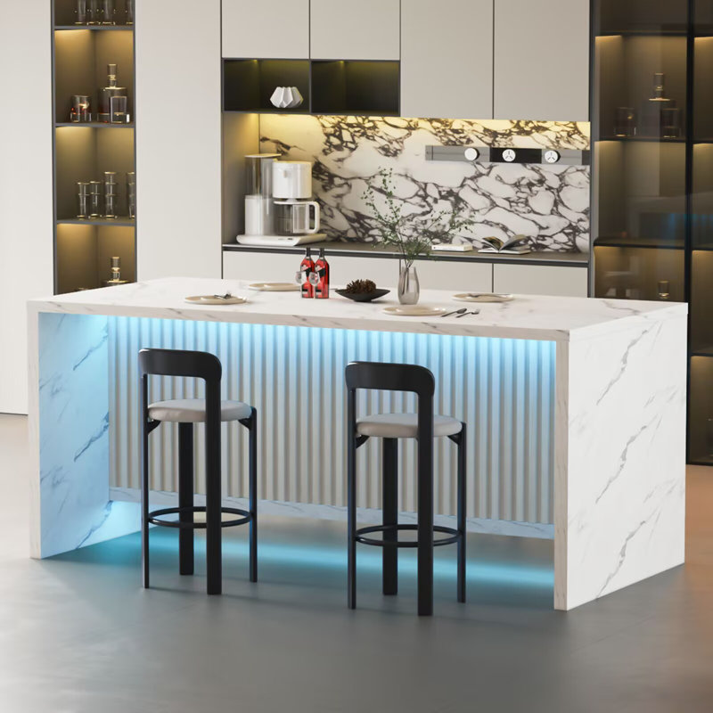 71" Large Imitation Dining Table For 4-6 People, Island Table With Led Lights, Mordern Marble Stripes Kitchen Dining Table With Grille Design For Dining Room, Home, Living Room