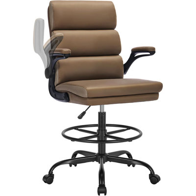 Tan Drafting Chair – Tall Office Chair With Padded Flip-Up Armrests, Ergonomic Executive Chair, Leather Backrest & Adjustable Footrest Ring (For Standing Desks)