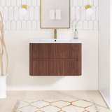 29.92 In. W X 18.31 In. D X 20.4 In. H Single Sink Wall-Mounted Bath Vanity In Deep Walnut With White Ceramic Top