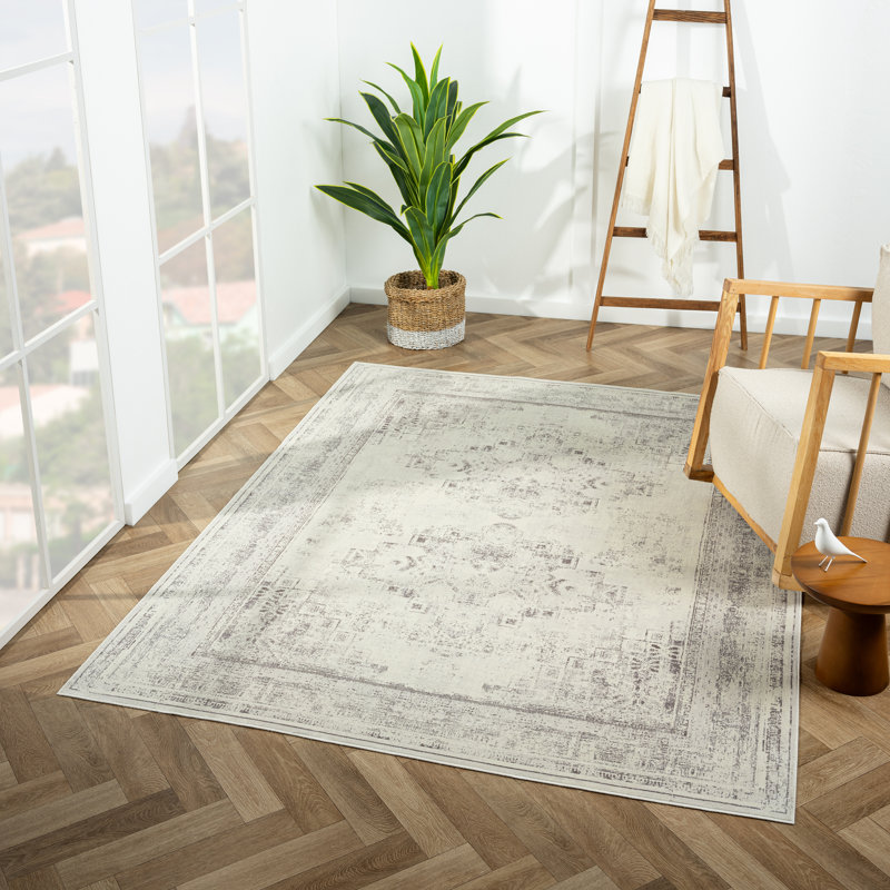 Tapis imperméable traditionnel gris / ivoire Jacub Performance, Rectangle 2 pi 8 po x 3 pi 10 po