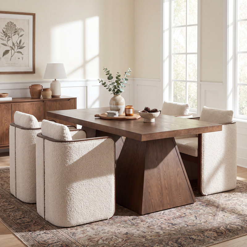 Calder 4-Person Mid-Century Modern Dining Set with Upholstered Wood Armchair & Geometric Ash Veneer Table for Dining Room
