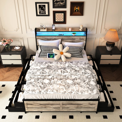 Size Gray Bed Frame With Slat Support, 12 Drawers For Lightweight Bedding, Integrated Charging And Led Lighting Slip Noise- Mattress Base, Bedside Storage Space,