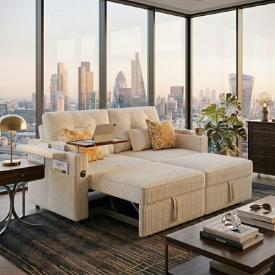 73" 2-in-1 Convertible Sleeper Sofa Bed with Storage, USB & Type-C Charging Ports, 360° Swivel Side Table, Cup Holders, Corduroy Pull-Out Couch for Apartment & Living Room, Beige