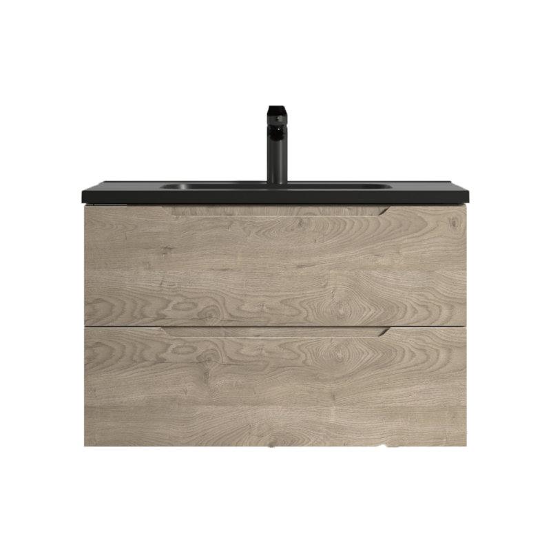 Meuble-lavabo mural simple avec comptoir en quartz noir et meuble-lavabo au fini bois naturel Passonno, 32"