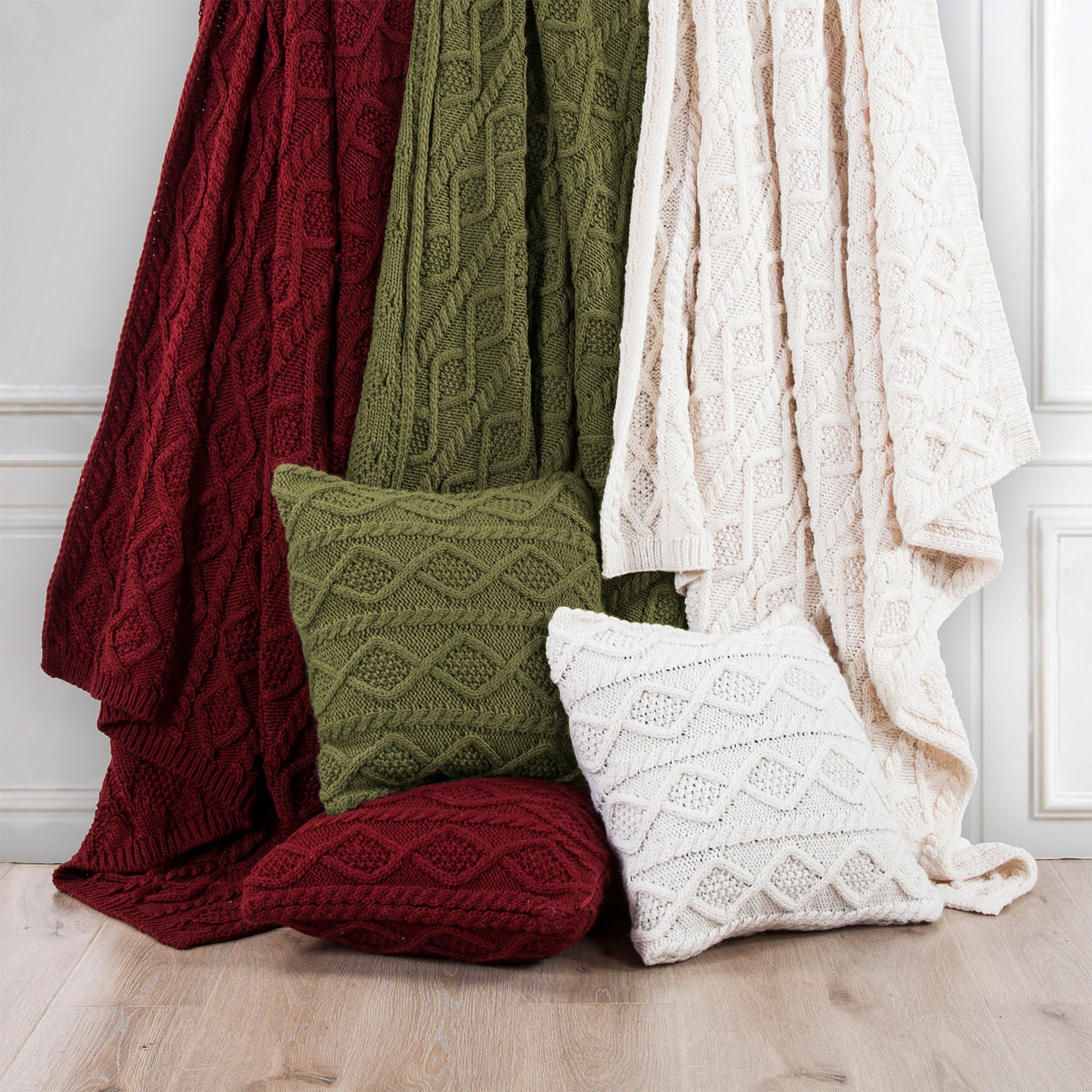 Cable Knit Wool Throw Blanket, Sage Green