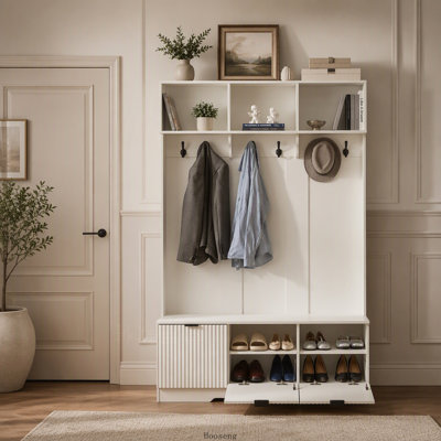49.6 Inch 5-in-1 Hall Tree with Bench, Shoe Storage, 3 Cabinets and High Gloss Fluted Doors