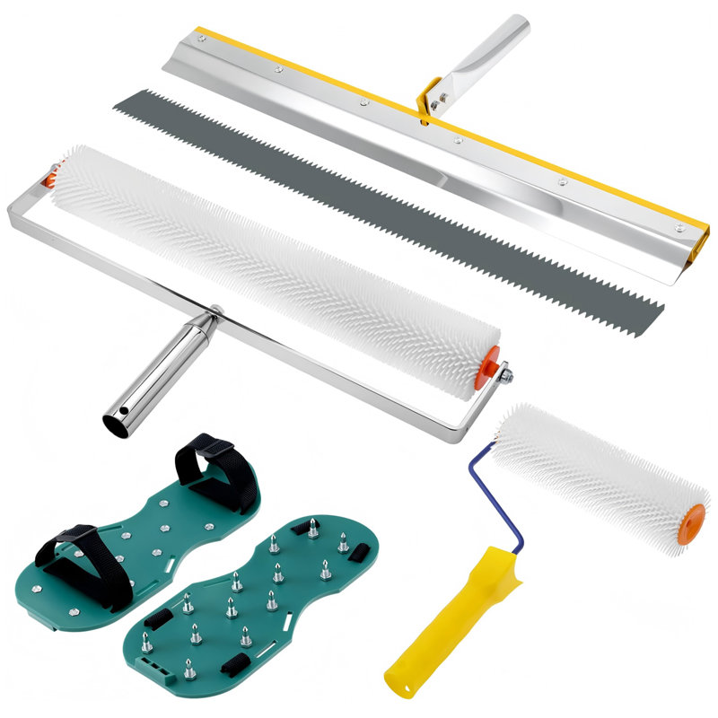 Ensemble d'outils autonivelants de 6 pièces pour sols en ciment, ensemble d'installation de sols époxy en acier inoxydable, comprenant des rouleaux à pointes, raclette et patins à pointes pour revêtement de résine de béton, planchers de garage et de sous-sol