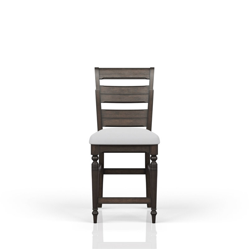 Counter Stool With Dark Chocolate Upholstered Seat And Artistic Ladderback Framework