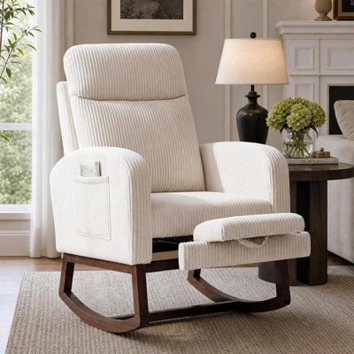 Chaise berçante de chambre de bébé avec repose-pieds, fauteuil berçant rembourré à haut dossier, pieds et poches latérales en bois massif, fauteuil d'appoint en velours côtelé pour chambre de bébé, salon et chambre à coucher