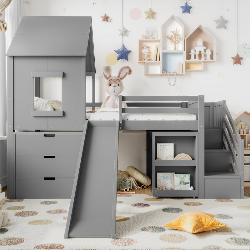 Lit mezzanine avec glissade, armoires de rangement et bureau amovible Fjora, Gris
